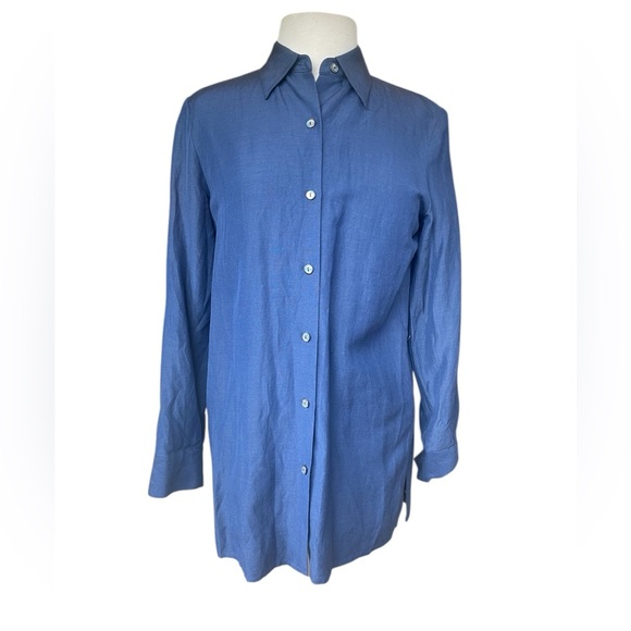 August Silk Linen Silk Blend Blue Button Down Shirt Tunic Women’s Small - Picture 1 of 6